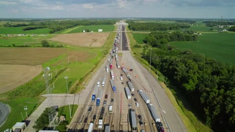 Aerial view of traffic jam on highway 80 in Ohio at day. Stock Footage 220171294