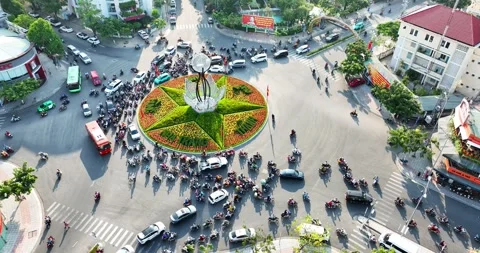 Aerial view of traffic jam on the roundabout in Nha Trang city Stock Footage 297824804