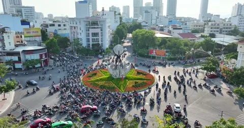 Aerial view of traffic jam on the roundabout in Nha Trang city Stock Footage 297824810