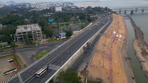 Aerial view of traffic on Kanaka Durga Flyover in Vijayawada India Stock Footage 343326239