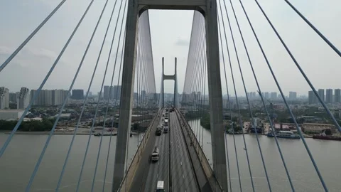 Aerial View of Traffic on Modern Cable Stayed Bridge in Ho Chi Minh City, Video stock 335576749