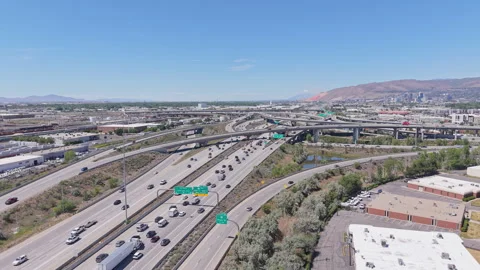 Aerial view of traffic moving through the Spaghetti Bowl Interchange Stock Footage 340200903
