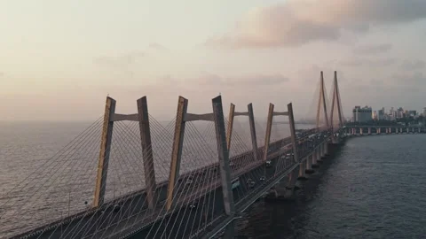 Aerial view of Traffic Passing over Bandra Worli Sea Link in Mumbai, India.  Stock Footage 194733404