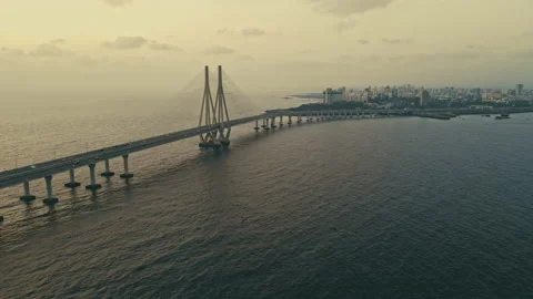 Aerial view of Traffic Passing over Bandra Worli Sea Link in Mumbai, India.  Stock Footage 195091186