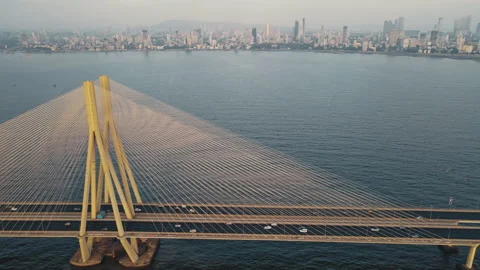 Aerial view of Traffic Passing over Bandra Worli Sea Link in Mumbai, India.  Stock Footage 195091484