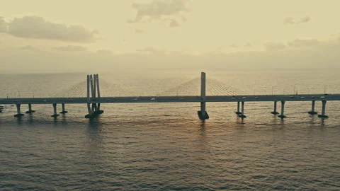 Aerial view of Traffic Passing over Bandra Worli Sea Link in Mumbai, India.  Stock Footage 195091501
