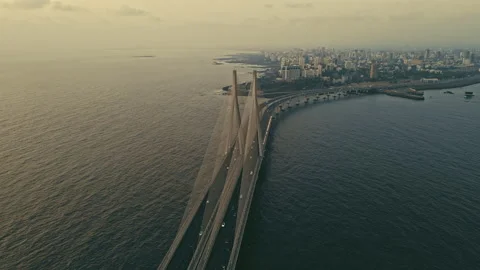 Aerial view of Traffic Passing over Bandra Worli Sea Link in Mumbai, India. Stock Footage 195091530