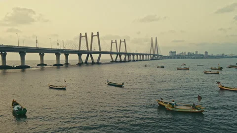 Aerial view of Traffic Passing over Bandra Worli Sea Link in Mumbai, India.  Stock Footage 195091532