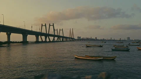 Aerial view of Traffic Passing over Bandra Worli Sea Link in Mumbai, India.  Stock Footage 195091646