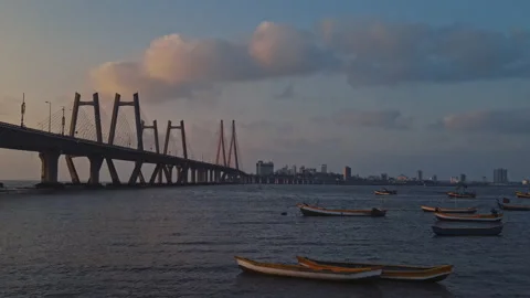 Aerial view of Traffic Passing over Bandra Worli Sea Link in Mumbai, India.  Stock Footage 195092903