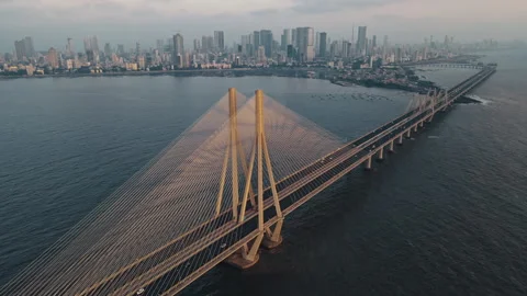 Aerial view of Traffic Passing over Bandra Worli Sea Link in Mumbai, India.  Stock Footage 195093466