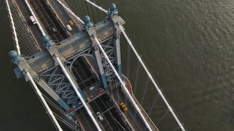 Aerial view of traffic passing over New York City's Manhattan Bridge Stock Footage 246347166