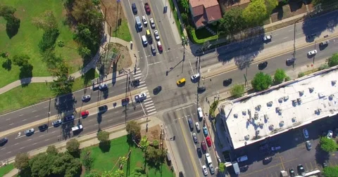 Aerial  view of traffic at street intersection in Los Angeles, California, 4K Video stock 54920484