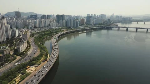 Aerial View of traffic through an intersection at Mapo Bridge Seoul South Korea Video stock 244926290
