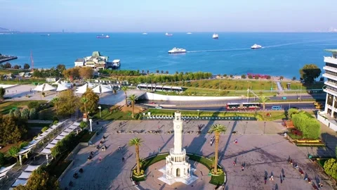 Aerial view of traffic, tram stop and ferries on the way to the sea from the Stock Footage 242397943