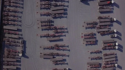 Aerial view of trailer truck loading at logistic center, Business freight shi Stock Footage 122994536