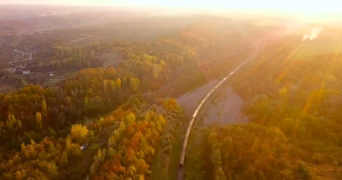 Aerial view: train among tree band at the rural scene in autumn. Stock Footage 139372162