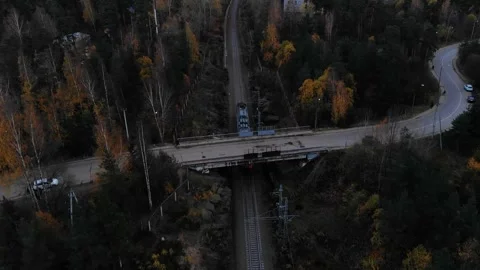 Aerial view of a train autumn forest park in Vyborg Stock Footage 170207356