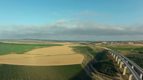 Aerial view of train bridge and vineyard Stock Footage 38418410