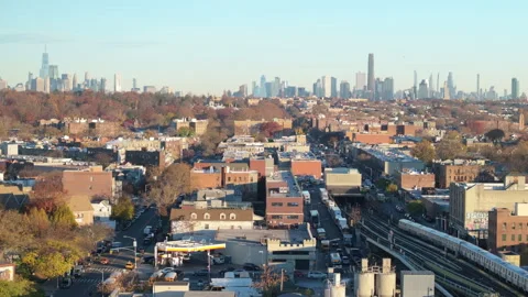 Aerial view of a train in Brooklyn Stock Footage 294265469