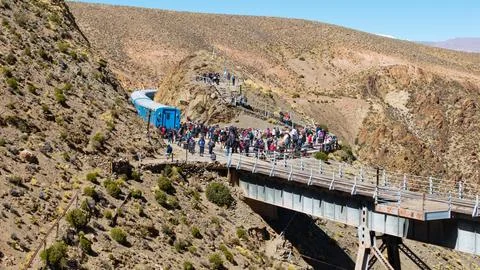 Aerial view of the "Train of the Clouds" in Salta, Argentina. La Polvorilla.. Stock Photos