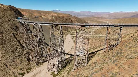 Aerial view of the "Train of the Clouds" in Salta, Argentina. La Polvorilla.. Stock Photos