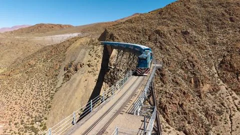 Aerial view of the "Train of the Clouds" in Salta, Argentina. La Polvorilla.. Stock Photos