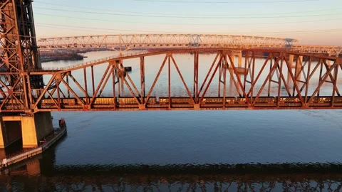 Aerial View Train Crossing Delaware River Delair Railroad Bridge Stock Footage 168214491