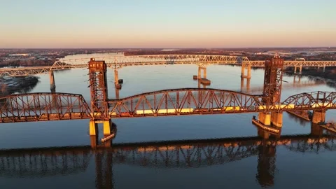 Aerial View Train Crossing Delaware River Delair Railroad Bridge Stock Footage 168214494