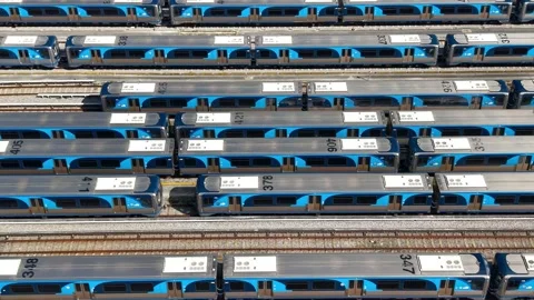 Aerial view of a train depot with multiple metro trains in Miami, Florida. 動画素材 339264753