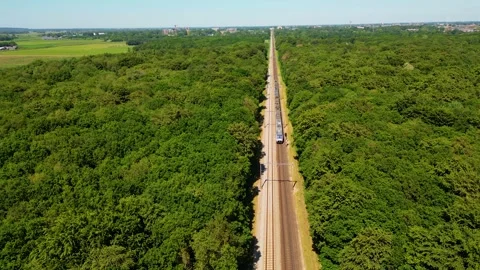 Aerial View on Train driving through Forest in Heiloo Netherlands Video stock 280297667