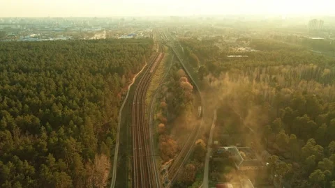 Aerial view of train in forest Stock Footage 152832605