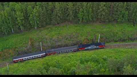 Aerial view of the train that goes through the forest and fields Video stock 146302437
