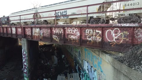 Aerial View of Train &amp; Graffiti in Chicago Stock Footage 250021480