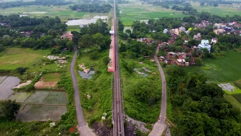 Aerial View of Train Line with Bridge, Drone Video in India Stock Footage 210828739