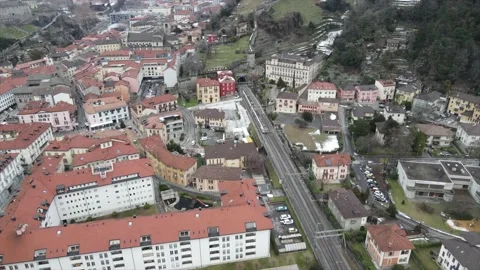 Aerial View of Train Moving on Railways in Bellinzona, Switzerland Stock-Footage 150802557