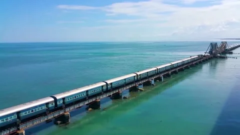 Aerial View Train over Pamban bridge in sea. First indian bridge. Stock Footage 171553765