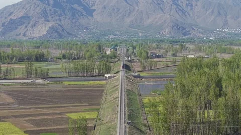 Aerial View of Train Passing Pampore Station in Srinagar Kashmir 库存影片 333820369