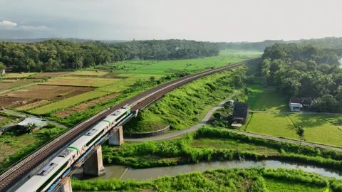 Aerial View of Train Passing Through a Lush Countryside Video stock 269749298