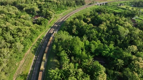 Aerial View of Train Passing Through a Lush Countryside Stock Footage 269752268