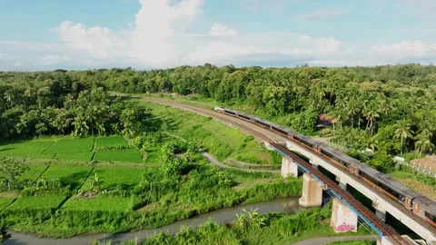 Aerial View of Train Passing Through a Lush Countryside Stock Footage 269752782