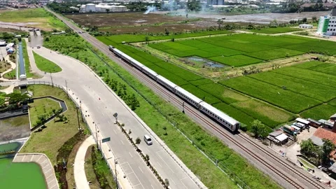 Aerial View of a Train Passing Through Fields and a Lake 스톡 동영상 296675092