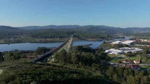 Aerial View Of Train Passing Ulla River Viaduct Stock Footage 292127610