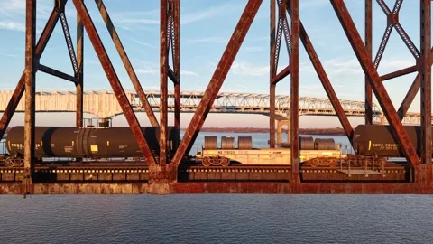 Aerial View of a Train on a Railroad Bridge Crossing the Delaware River Stock Footage 294878873