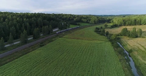 Aerial view of train riding forward near farm fields and forest. drone above Video stock 79325604
