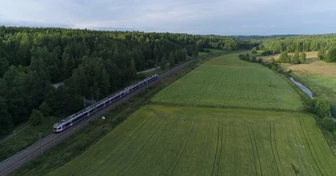 Aerial view of train riding forward near farm fields and forest. drone above Stock Footage 79325901