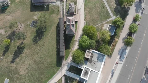 Aerial View of train tracks on a park Stock Footage 143103105