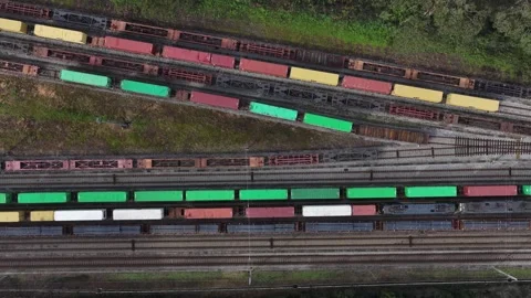 Aerial view of train yard with various shipping containers, Portugal. Stock Footage 332398182