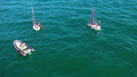 Aerial view of training with sailing boats near the Marina Valencia, Spain. Stock Footage 167848389