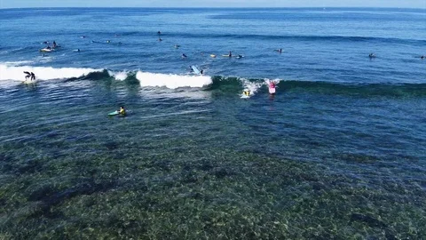 Aerial view of training surf lesson in Playa of Las Americas in Tenerife Stock-Footage 125903298